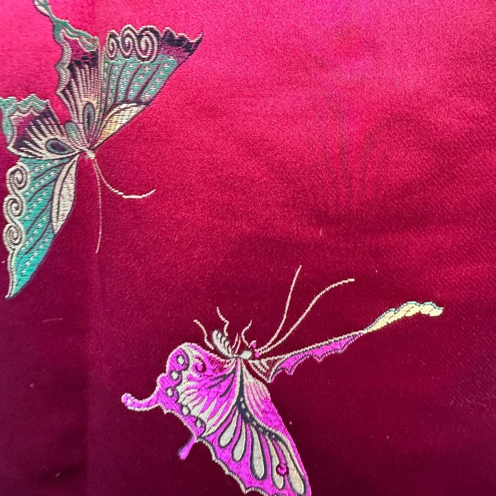 Vintage Butterfly Table Runner Burgundy Red Embroidered Tassel Chinoiserie 78
